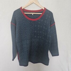 Waliki 100% Alpaca Hair Sweater Made in Bolivia Geometric Green Blue Red Trim M